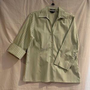 Lands End button down, 3/4 sleeve, pastel lime green & white striped blouse.